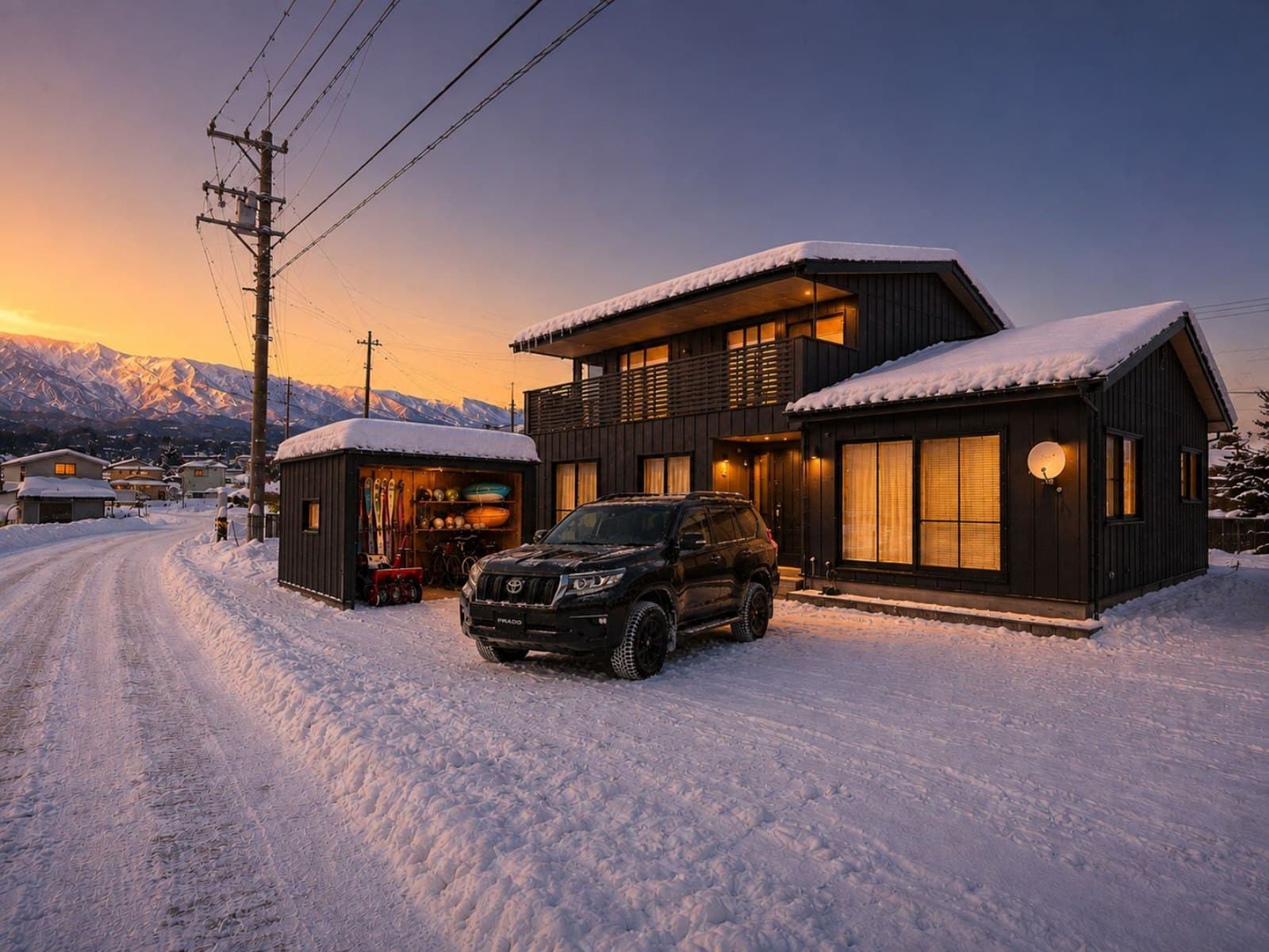The Shinanomachi home at dusk in winter: a dark timber two-storey house with lit windows, a ski shed and a car in the snow, mountains behind